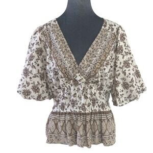 LOFT Earthy Cottagecore Floral Smocked Waist Peplum Top V-Neck Puff Sleeve XL